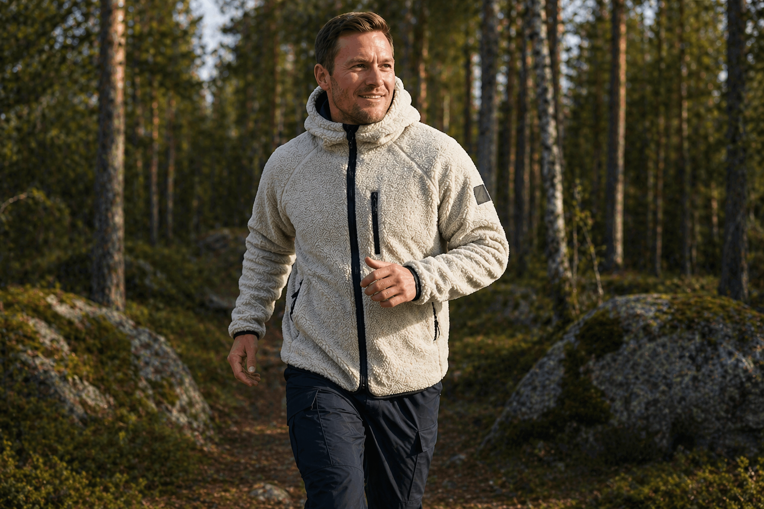 Sherpa fleece jakke brugt som varmt og komfortabelt lag til hverdags-outdoor