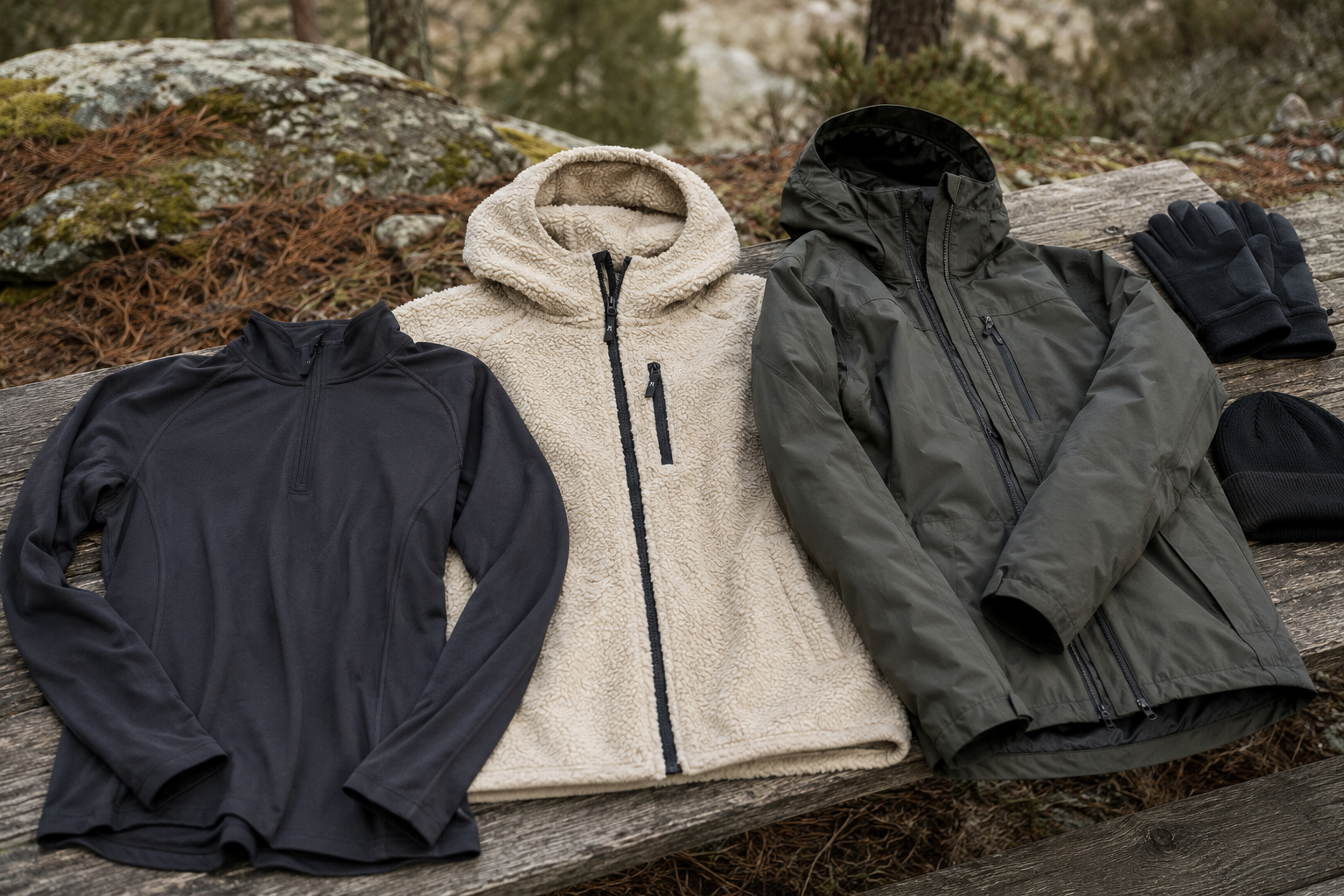 Lag-på-lag med baselayer, fleece og yderjakke til outdoor brug