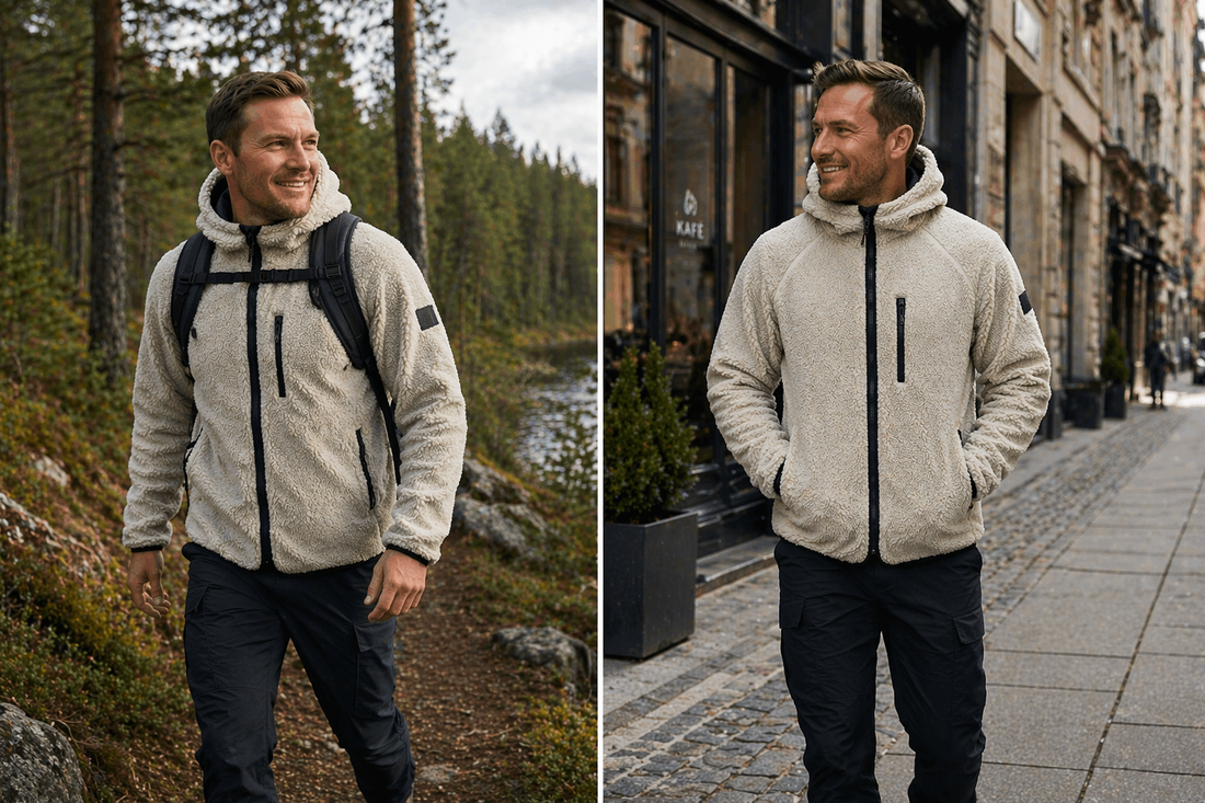 Person i Sherpa Fleece hoodie på afslappet gåtur i dansk by- og naturmiljø