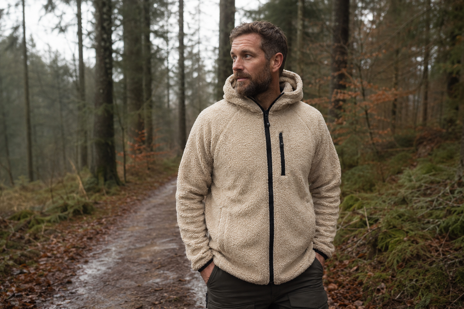 Person iført Sherpa Fleece hoodie på en kølig dansk gåtur