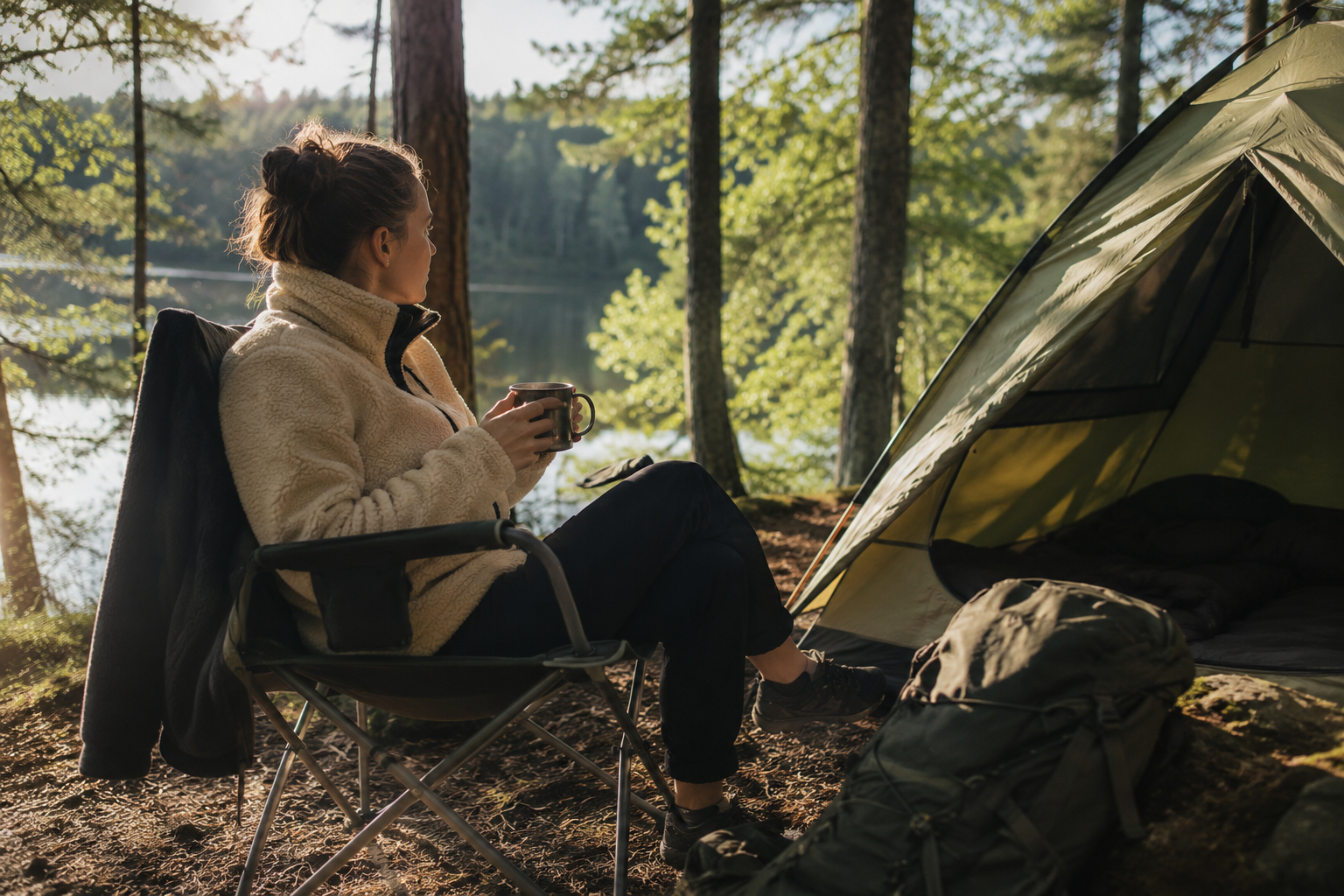Sherpa fleece brugt som varmt komfortlag på camping og sheltertur i dansk natur