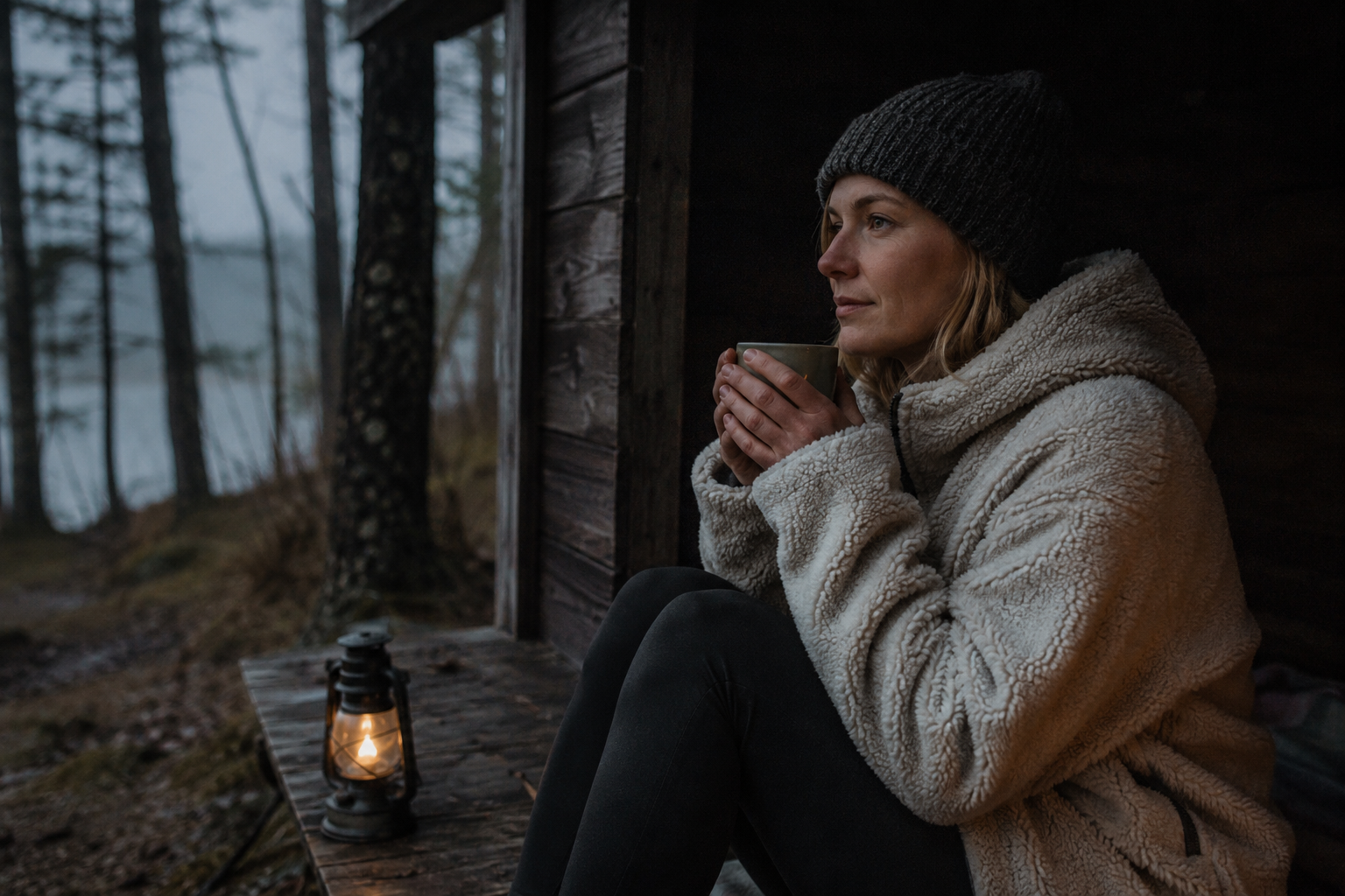 Person i fleece og jakke på kølig dag i dansk outdoorvejr