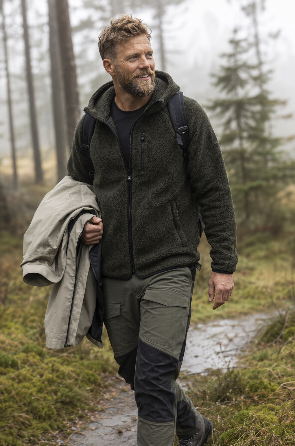 Person iført Sherpa Fleece hoodie på en kølig dansk efterårsgåtur
