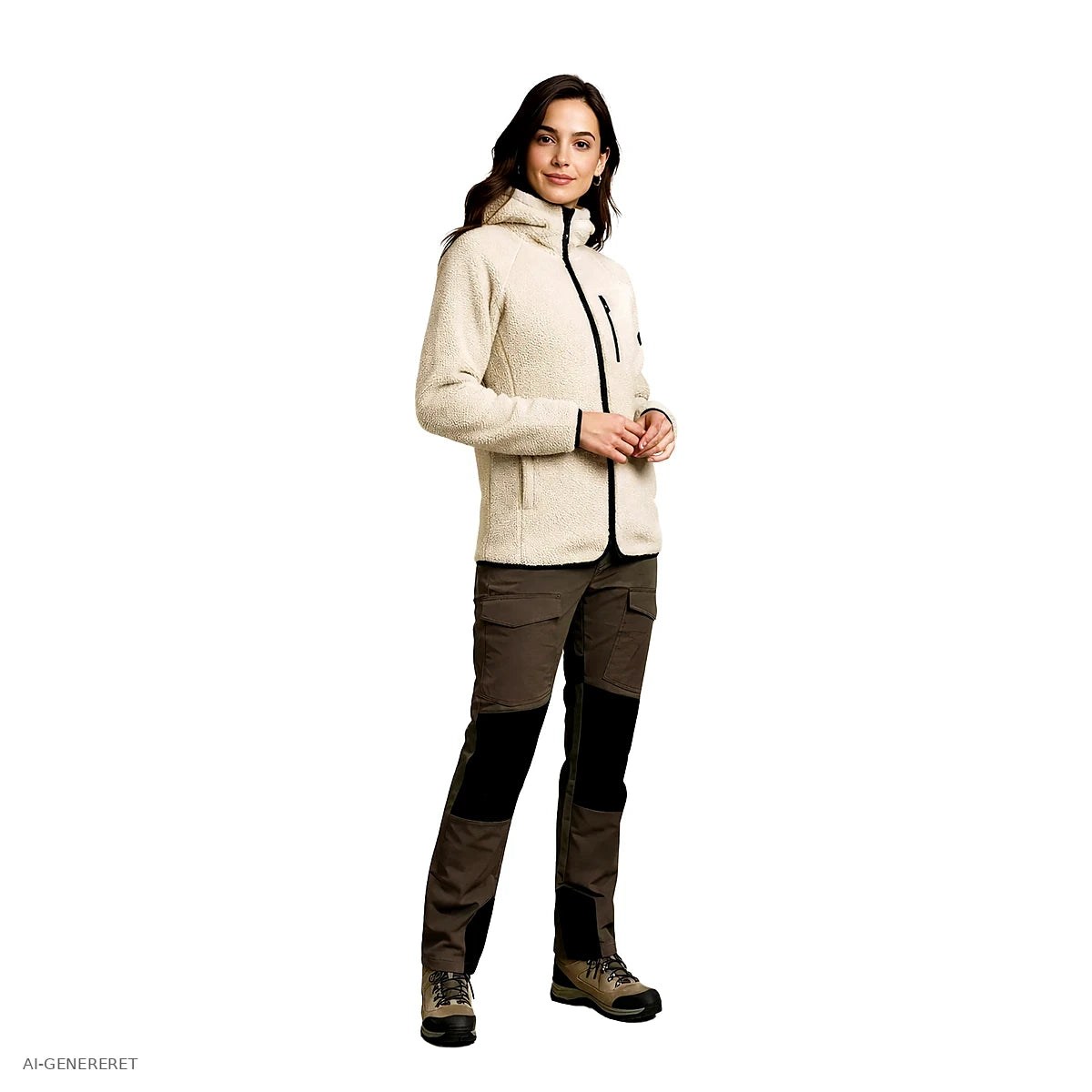 Dame i beige Arctic Sherpa fleecejakke set i trekvart profil