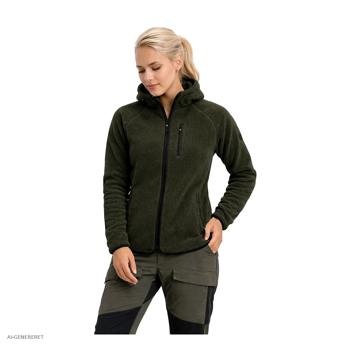 Dame i oliven Arctic Sherpa fleecejakke set i trekvart profil