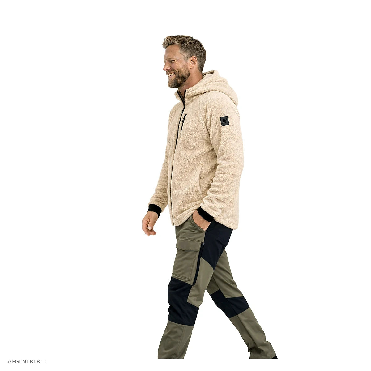 Herre i beige Arctic Sherpa fleecejakke i bevægelse
