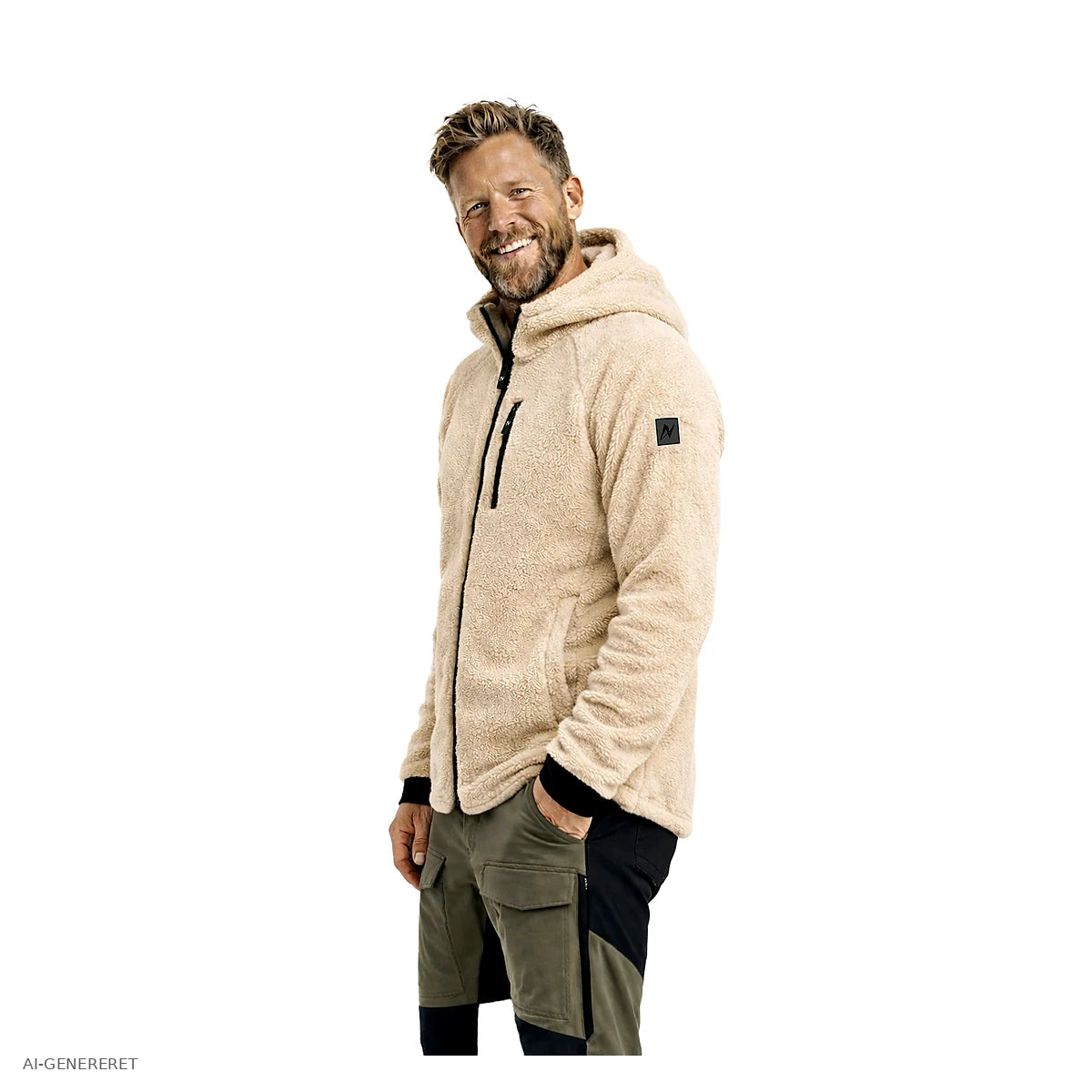 Herre i beige Arctic Sherpa fleecejakke set fra siden
