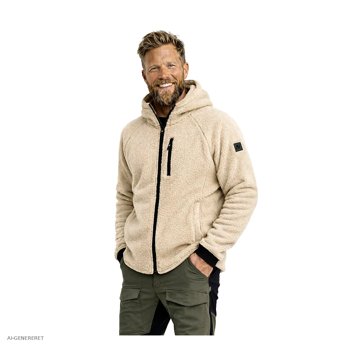 Herre i beige Arctic Sherpa fleecejakke set i trekvart profil