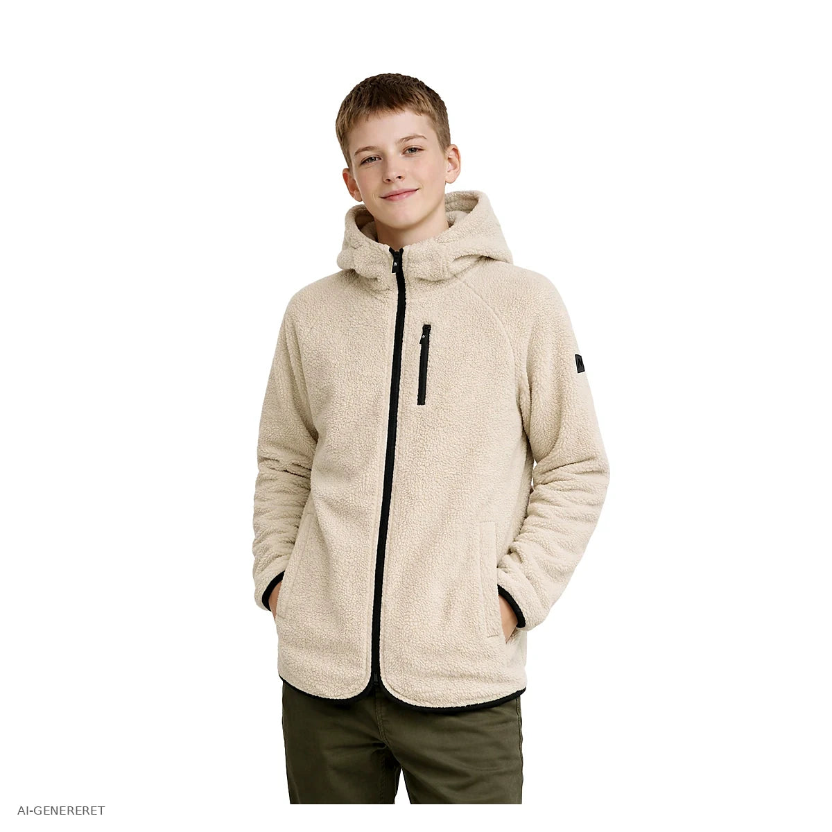 Teenager i beige Arctic Sherpa fleecejakke set forfra