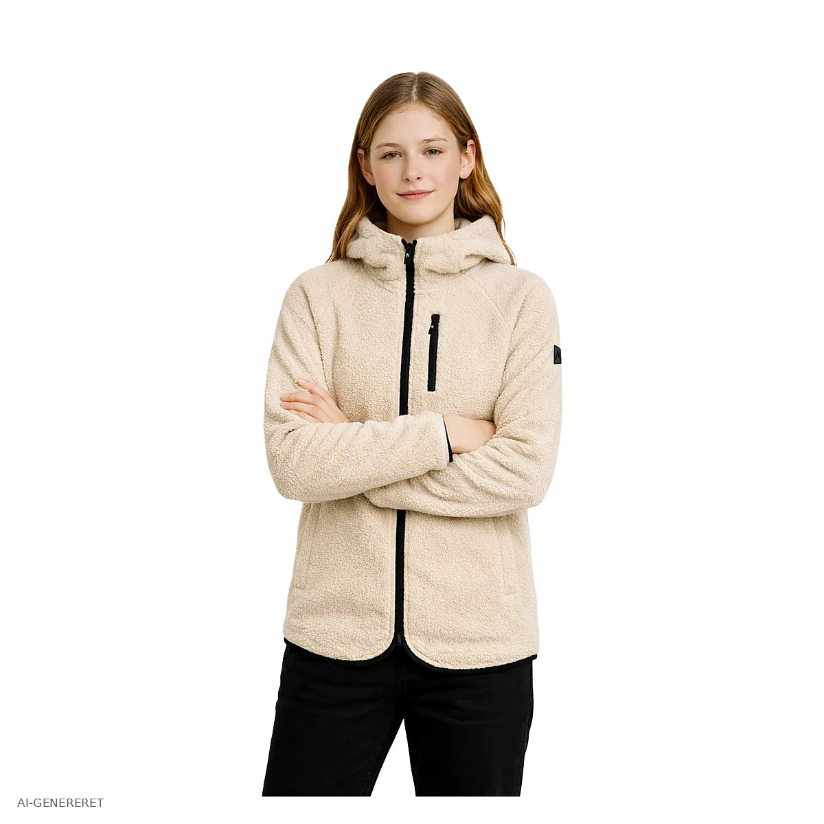 Teenager i beige Arctic Sherpa fleecejakke set forfra