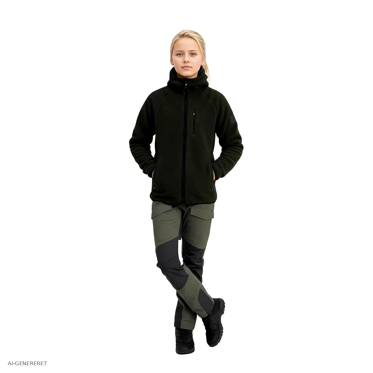 Teenager i oliven Arctic Sherpa fleecejakke i helfigur