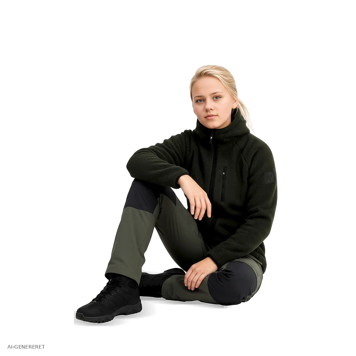 Siddende teenager i oliven Arctic Sherpa fleecejakke