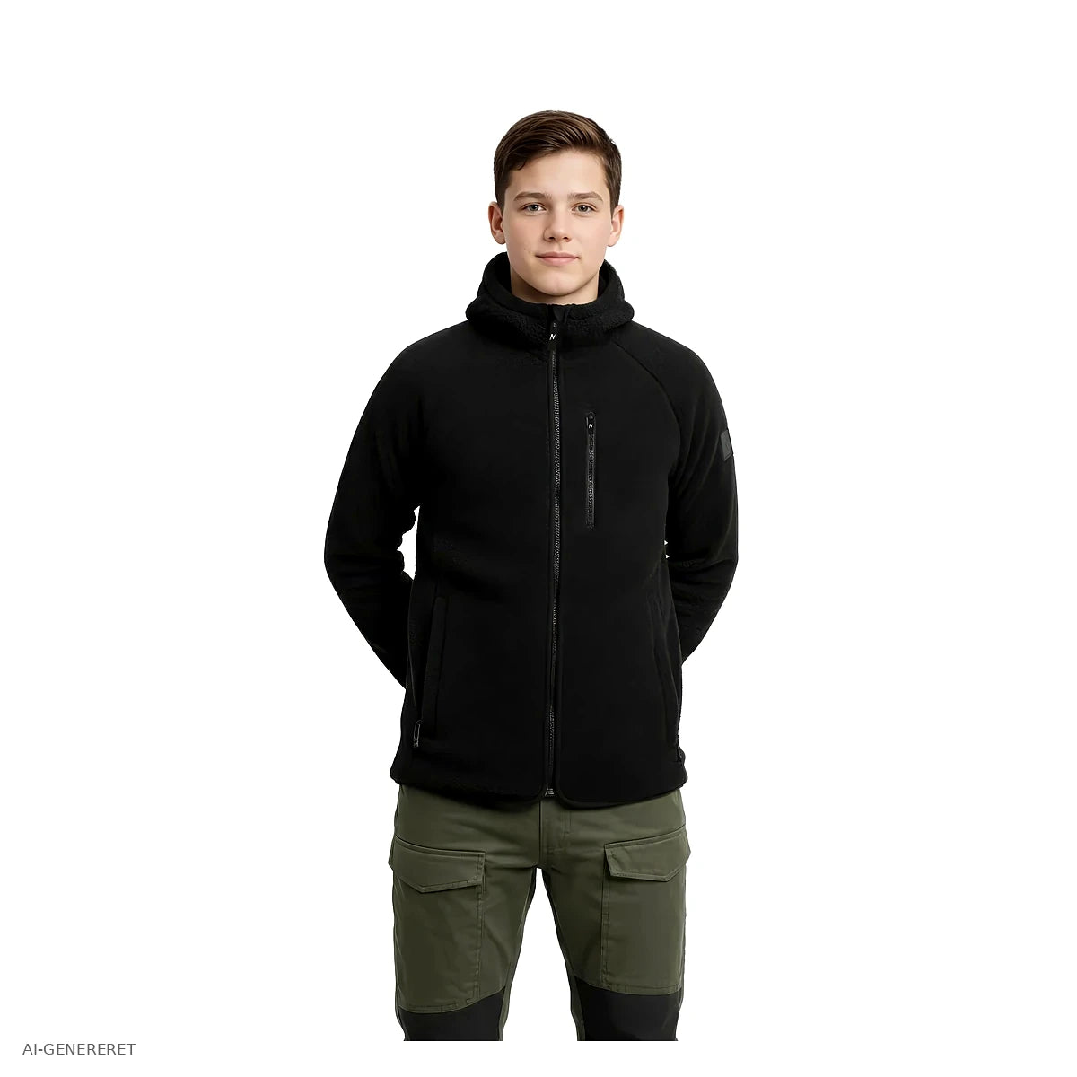 Teenager i sort Arctic Sherpa fleecejakke set forfra