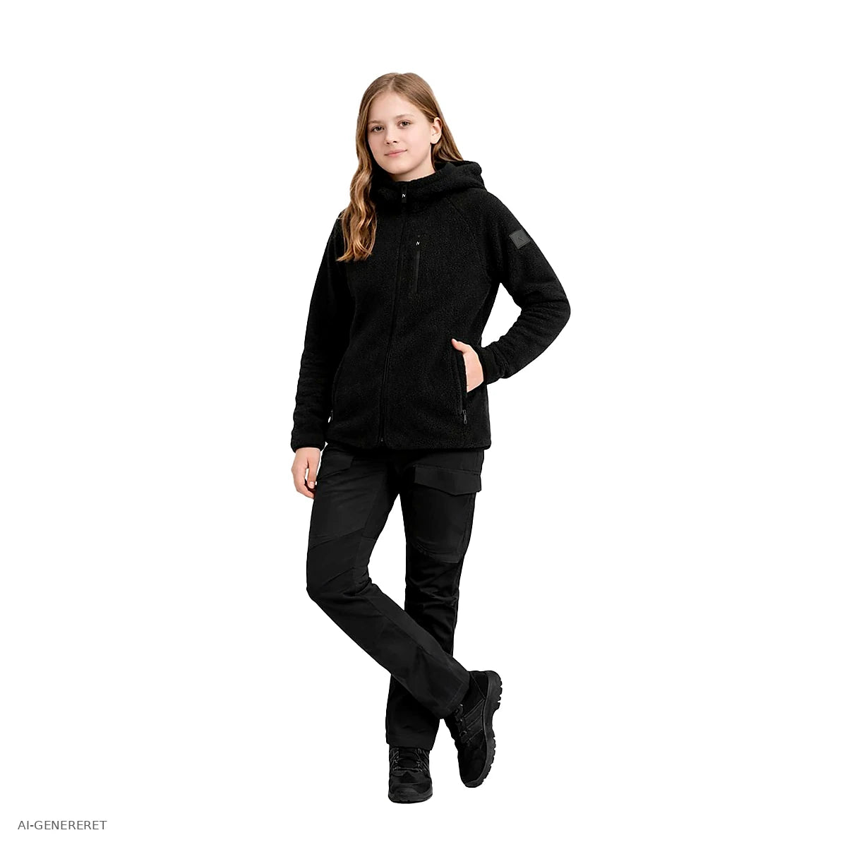 Teenager i sort Arctic Sherpa fleecejakke i helfigur
