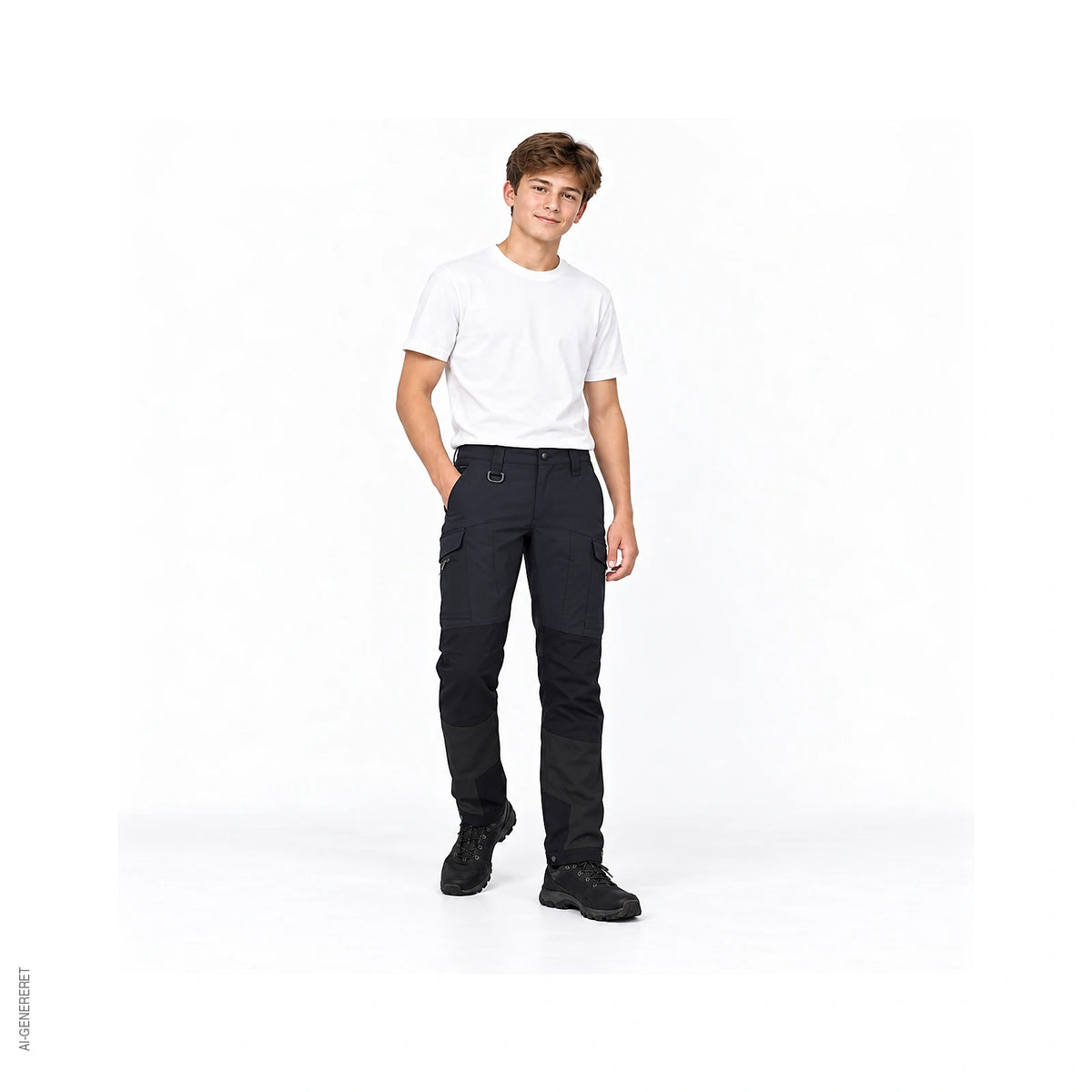 Teenager iført Axis outdoorbukser i mørk navy og sort set forfra